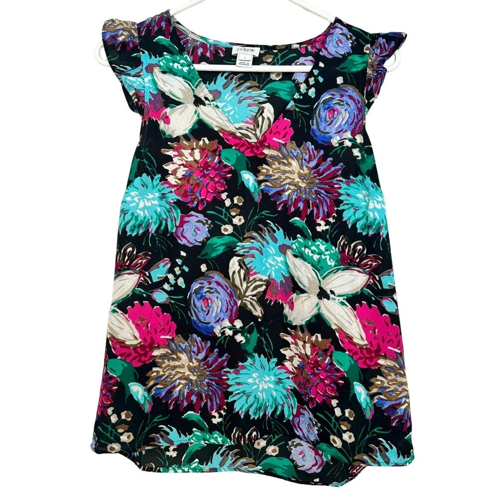 J. Crew Size 2 Multicolor Black Moody Floral Flowers V‎ Neck Tank Blouse Size 2